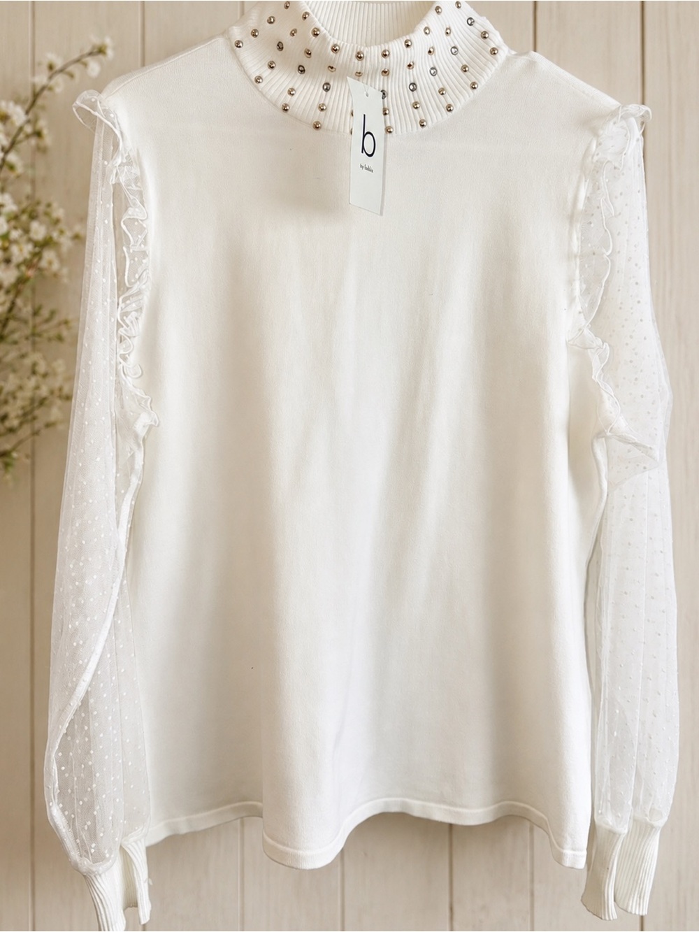 NWT Bellalini XL Ivory Embellished Mock Neck Swiss Dot Sleeve Sweater Top